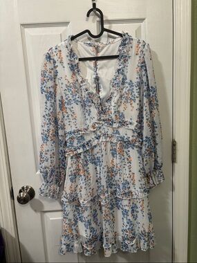 Floral Ruffle Long-Sleeve Tiered Dress - White with Blue & Orange Floral